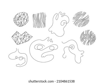 Satz abstrakter linearer Dekorationen - Kreise und Quadrat aus Linien, abstrakte Gesichter, Lippen. Minimalistische moderne Dekoration. Vektorgrafik einzeln auf weißem Hintergrund.