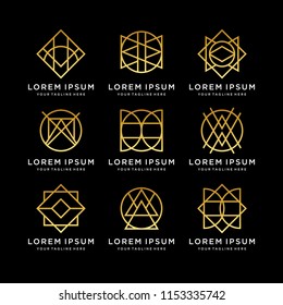 Set of Abstract  linear geometric hipster logos  with gold color.