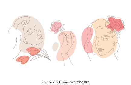 conjunto de ilustraciones lineales abstractas de rostros de niñas. mano sosteniendo una flor