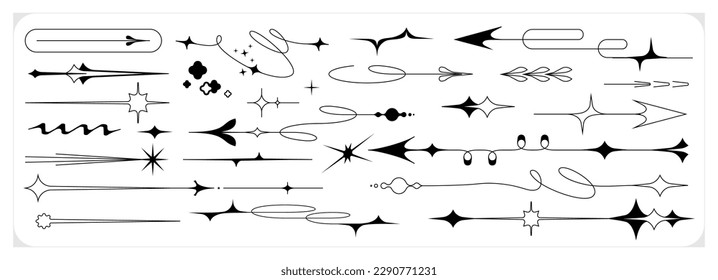 A set of abstract linear objects in the Korean style y2k. Arrows and elements to indicate the borders in the book layout. Sharp unusual shapes with rays, stars and flashes. Direction pointers.