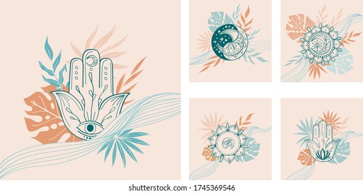 Set of abstract linear pre-made composition with yoga symbol, hamsa, mandala, om, tropical leaf in beige, green, terracotta color. Vector trendy  illustartion for invitation, card in indian yoga style