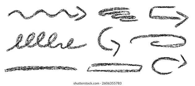 Set of abstract lines and arrows drawn with charcoal texture in black color