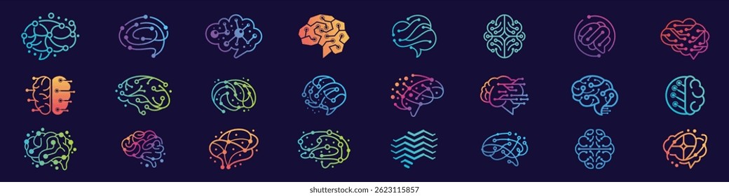 Set of abstract lines brain and dots tech logo. Logo for science, learning, research,technology, human brain.
