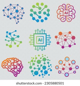 Set of abstract lines brain logotypes concept. Logo for science innovation, machine learning, ai, medical research, new technology development, human brain health, it startup on isolated background,