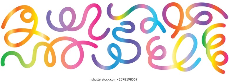 Set of Abstract Lines with Gradient texture.  Wavy Color Shape Vector Graphic Design. Dynamic Geometric Pattern. Background with Color Waves. Illustration of Squiggle Rainbow Ribbons.