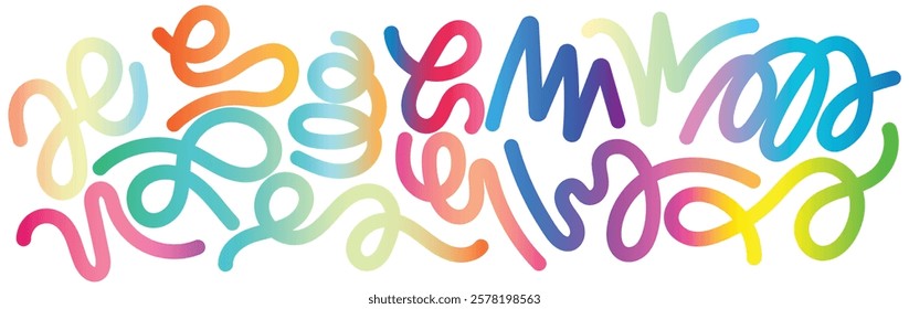 Set of Abstract Lines with Gradient texture.  Wavy Color Shape Vector Graphic Design. Dynamic Geometric Pattern. Background with Color Waves. Illustration of Squiggle Rainbow Ribbons.