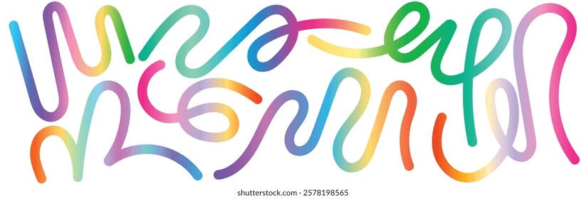 Set of Abstract Lines with Gradient texture.  Wavy Color Shape Vector Graphic Design. Dynamic Geometric Pattern. Background with Color Waves. Illustration of Squiggle Rainbow Ribbons.