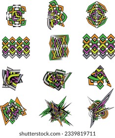 Set of abstract lines and shapes of logo, icon, symbol or pattern. Creative idea of symmetrical pattern or mandala for decorations. Vector illustration.
