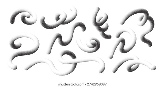 Set abstract lines wave noise with 3d stipple shape. Grainy dot ribbon elements with rough spray, pointillism texture and smooth curves for modern poster, sound visual, dynamic graphic design.