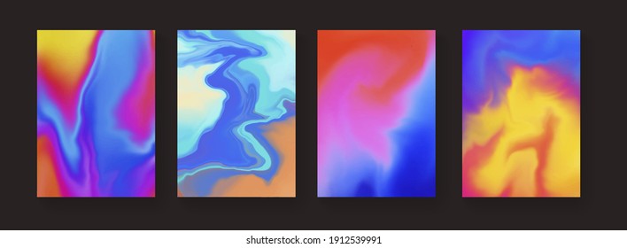 Set of abstract liquid acrylic paints posters. Modern fluid color backgrounds. Trendy cool rainbow color covers.