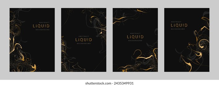 Set of abstract Liquid backgrounds. Fluid art. Elegant cover design. Luxury Marble pattern in gold and black colors. Minimalist vector template for invitation, postcard, brochure, flyer.