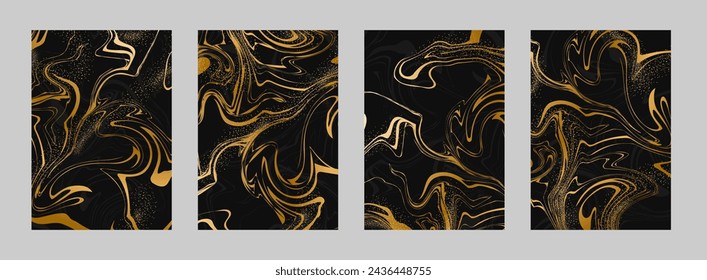 Set of abstract Liquid backgrounds. Fluid art. Elegant cover design. Luxury Marble pattern in gold and black colors. Minimalist vector template for invitation, postcard, brochure, flyer.