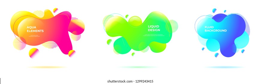 Set of abstract liquid backgrounds. Geometric fluid shapes and organic forms with vivid color blends in neon tones.