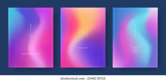 Set of abstract liquid backgrounds. Mesh blurred fluid texture. Vibrant gradient template. Colorful minimalist cover. Modern design for social media, poster, landing pages, banner, flyer.