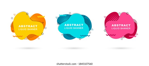 Set of abstract liquid banners. Modern geometric shapes in graphic gradient. Dynamical elements in memphis style. Template blank banners for flyer, logo, presentation and background.