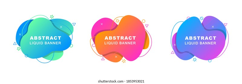 Set of abstract liquid banners. Modern geometric shapes in graphic gradient. Dynamical elements in memphis style. Template blank banners for flyer, logo, presentation and background.