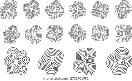 conjunto de formas de linha de contorno líquido abstrato, elementos de mapa topográfico ondulado ou anéis distorcidos para textura de design orgânico