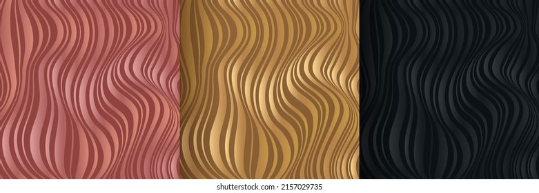 Set Of Abstract Liquid Dynamic Black, Pink Gold And Golden Waves Background. Fluid Dark Marble Texture Pattern Design. Modern Wavy Line Stripes Texture. Luxury And Elegant Style. Vector Illustration.