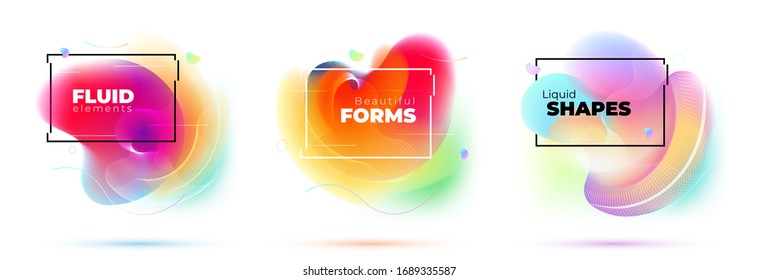 Set of Abstract Liquid elements for Background Design. Fluid Dynamic Graphic Element for Modern Banner, Poster, Flyer or Presentation Template with Line Pattern. Color Flow Frame illustration.