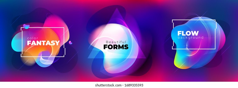 Set of Abstract Liquid elements for Background Design. Fluid Dynamic Graphic Element for Modern Banner, Poster, Flyer or Presentation Template with Line Pattern. Color Flow Frame illustration.
