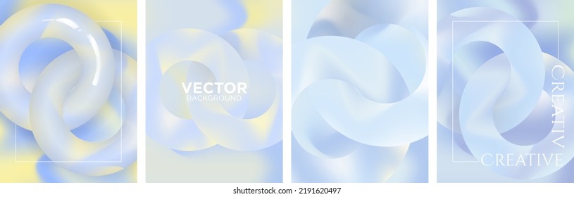 Set of Abstract liquid fluid circles hologram color backgrounds. 3D sphere shape pastel blue and yellow. Creative minimal trendy gradient template for cover brochure, flyer, poster, banner web. Vector
