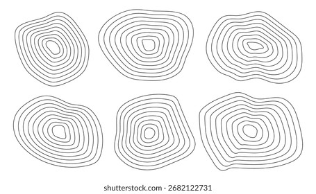 Set of abstract liquid geometric shapes. tree ring annual wood circle shape. tree ring line dynamical forms. ripple circular texture