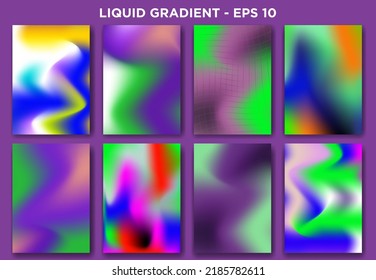 Set of abstract liquid gradient posters. Bright Neon Color Mix. Editable Vector Illustrations. 8 Gradient Backgrounds.
