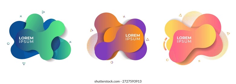 Conjunto de Formas de gradiente líquido abstracto. Modernos Anuncios fluidos de colores con Elementos geométricos de estilo Memphis y espacio de texto para infografías y encabezados de Web