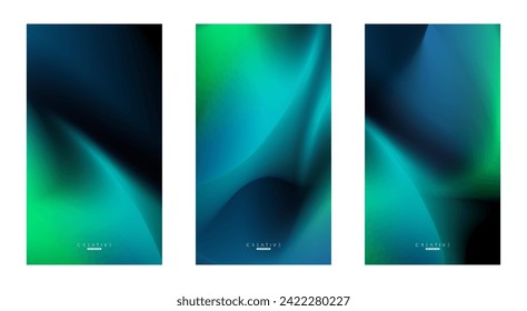 Set of Abstract liquid Gradient Vertical Background. Black, Blue and Green Fluid Color Gradient. Design Template For ads, Banner, Poster, Cover, Brochure, Wallpaper, and flyer. Vector.