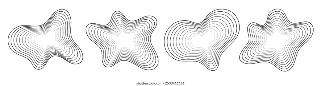 Set of abstract liquid, irregular, blob lines, dynamic forms, vector shapes on white background