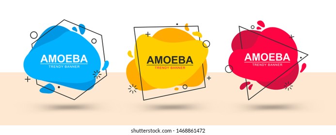 Set of abstract liquid shape banners in memphis style for use in web and print. Vector trendy geometric banners.