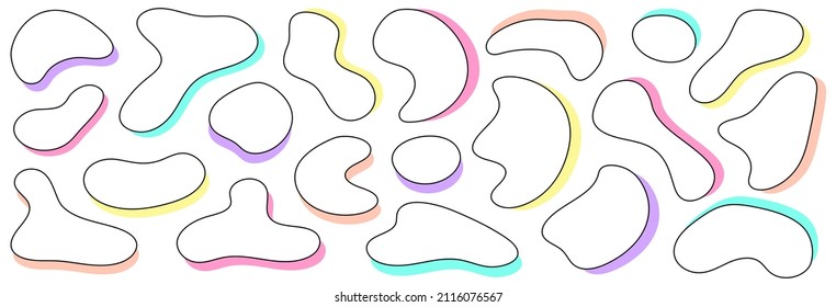Set of abstract liquid shape graphic elements. Colorful gradient fluid design. Template for presentation, logo, banner, poster, advertising, promo, social media, text. Vector illustration.Doodle style