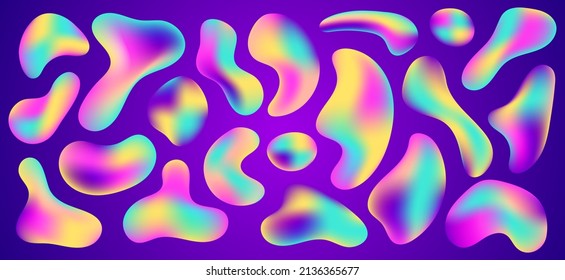 Set of abstract liquid shape. Set isolated liquid elements of holographic chameleon design palette of shimmering colors. Modern abstract pattern, bright colorful paint splash fluid.