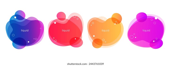 Set of abstract liquid shapes. Bright splashes. Dynamic vibrant color gradients for creative graphic design. Vector illustration.
