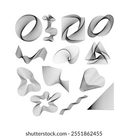 Set of abstract liquid shapes, dynamic blobs, and irregular forms on a white background.