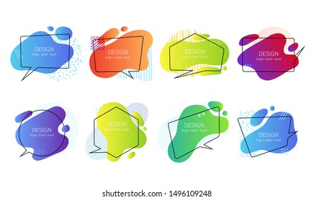 Set of abstract liquid shapes with speech bubbles for text or quotes. Trending bright banners with memphis elements.