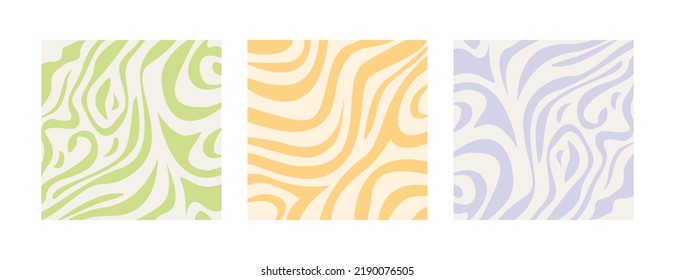 Set of abstract liquid wavy patterns in pastel bleached colors. Psychedelic backgrounds in retro 60s 70s style. Collection of hippie aesthetic groovy print. Vector illustration in flat style.