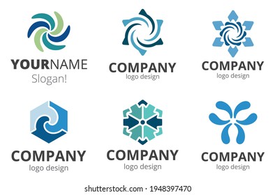 Set von abstraktem Logo in Blau und Grün. Unterschiedliche Formen und Farbtöne in Blau und Grün. Visitenkarte oder Logo des Spiels. Vektorgrafik