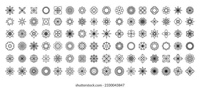 Set of abstract logo. Design of geometric round icons. Vector stylisation of flowers and leaves in a circle