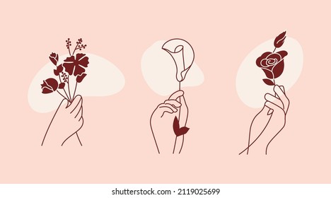 Conjunto de diseño de logotipo abstracto. Mano con flor en un diseño moderno minimalista. Símbolo de cosmética, joyería, belleza y productos hechos a mano aislados. Ilustración de vectores de arte plano