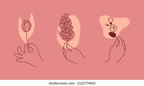 Set of abstract logo design. Hand with flower in trendy outline minimal style. Symbol for cosmetics, jewellery, beauty and handmade products isolated. Flat Art Vector Illustration