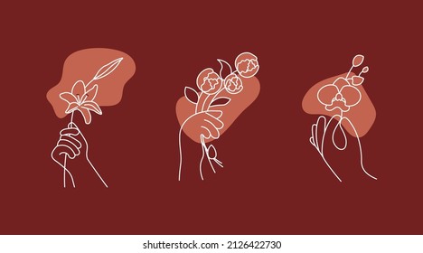 Set of abstract logo design. Hand with flower in trendy outline minimal style. Symbol for cosmetics, jewellery, beauty and handmade products isolated. Flat Art Vector Illustration