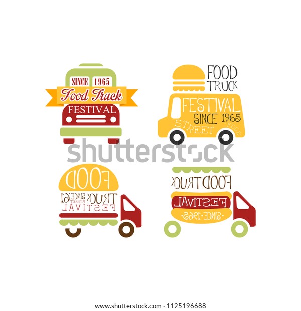 Set of abstract logo templates for food truck\
festival. Street eating. Bright-colored vector emblems with burger,\
hot dog and vans