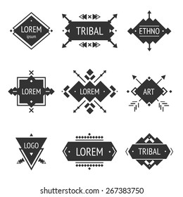 Set of abstract logo with tribal, ethnic, geometric elements, hipster logo, business label, navajo stile isolated on white background