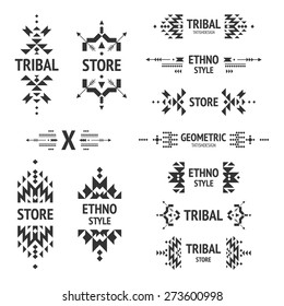 Set of abstract logo with tribal, ethnic, geometric elements, hipster, business label, navajo style isolated on white background