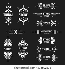 Set of abstract logo with tribal, ethnic, geometric elements, hipster logo, business label, navajo stile isolated on black background