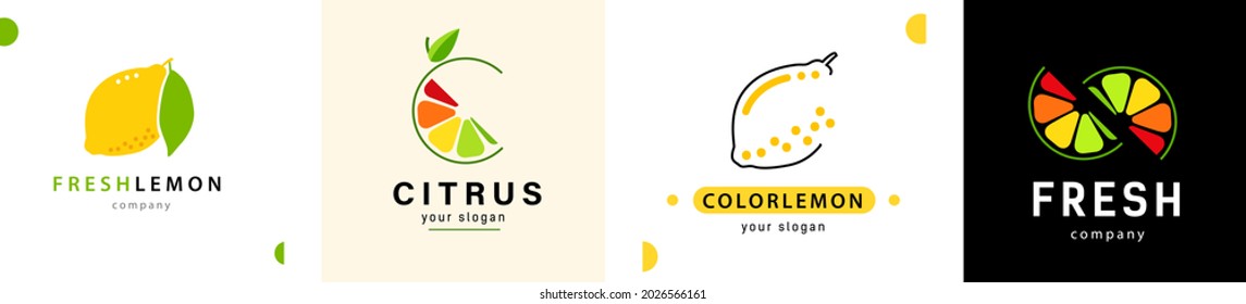 Set abstract logo yellow lemon line and flat style. Logo for healthy lifestyle or agricultural company. Vector sign citrus fruit. fresh slices citrus on white and black background.