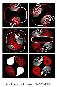 Set of abstract logotype shapes with frond element in white and red color on black background