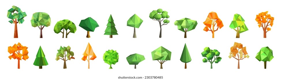 Set of abstract low poly tree icon. Geometric polygonal style. 3d low poly. Stylized design element collection. Design for poster, flyer, cover, brochure. Vector illustration