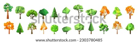 Set of abstract low poly tree icon. Geometric polygonal style. 3d low poly. Stylized design element collection. Design for poster, flyer, cover, brochure. Vector illustration